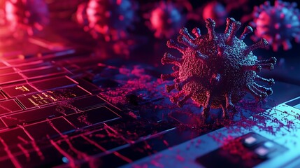 3D render of a virus infiltrating a computer system, showing the spread of malware.