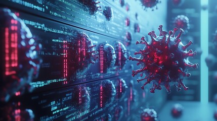 3D render of a virus infiltrating a computer system, showing the spread of malware.
