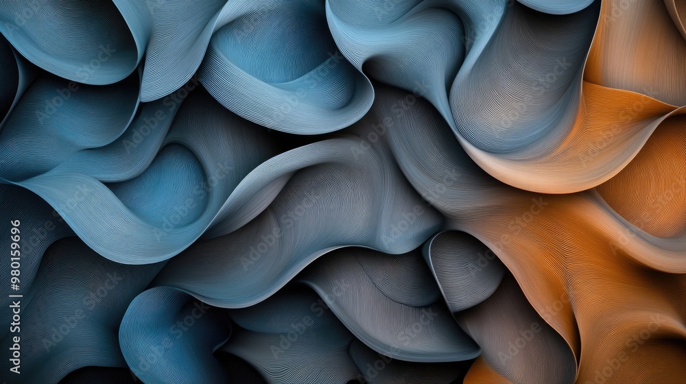 Poster an abstract design featuring flowing waves in blue, gray, and orange tones, creating a dynamic and s