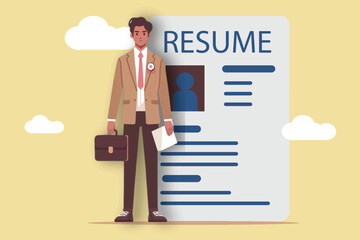 The Right Way To Present A Business Profile To Apply For A New Job Concept, A Young Entrepreneur Stands In Front Of A Resume Of Personal Data Written On A Large Sheet Of Paper