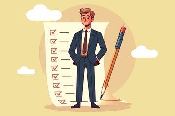 Illustration of a smart businessman standing holding a big pencil after completing all the company's task list