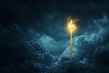 Fototapeta premium A golden arrow icon piercing through a dark storm cloud, representing triumph over adversity.