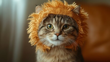 Naklejka premium A fluffy cat dons a lion mane costume, capturing attention with its inquisitive expression. The indoor setting features soft lighting and a warm, inviting couch behind the feline.