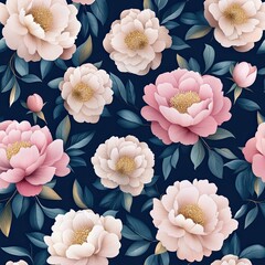 Beautiful floral pattern featuring soft pink peonies and lush green leaves on a dark background, perfect for various designs.