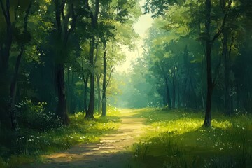 Sunlit Path Through a Lush Green Forest