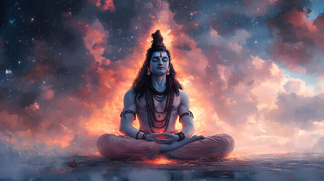 A serene representation of a meditating figure enveloped in vibrant cosmic colors, symbolizing peace and spiritual connection.