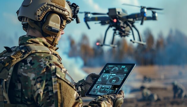 Soldier using tablet to control military drone in combat zone