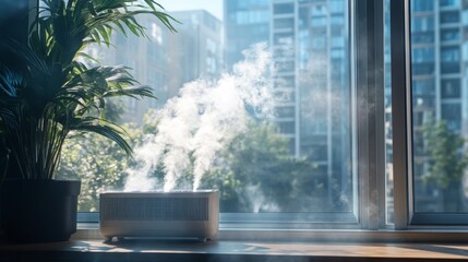 A humidifier releases steam beside a window with a view of tall buildings, illuminated by morning light, creating a fresh and cozy atmosphere in the apartment.