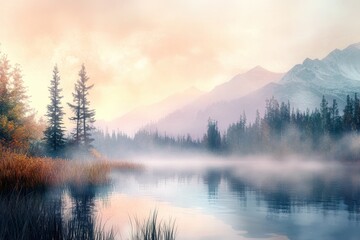 Fototapeta premium Tranquil Mountain Lake at Dawn with Mist and Reflection