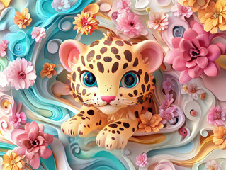 Enchanting Whimsical 3D Claymation Art of Adorable Leopard Surrounded by Colorful Waves and Flowers