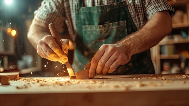 Close-up of a craftsman carving wood with precision, showcasing skill and attention to detail in a well-lit workshop.