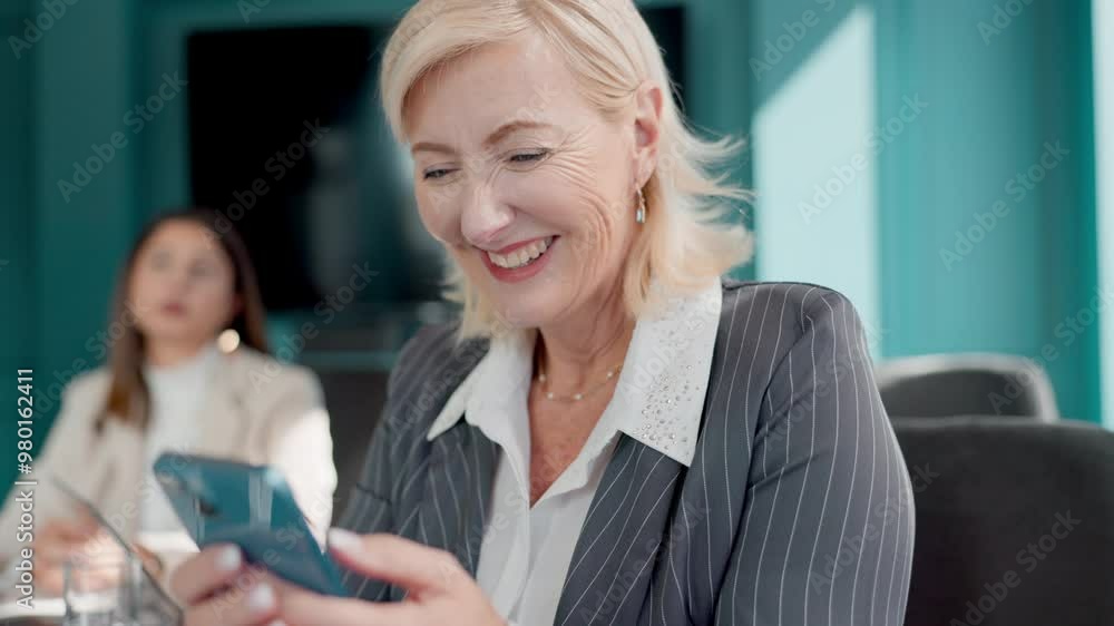 Sticker Laughing, phone or mature businesswoman in meeting with meme joke for message, social media and chat. Finance consultant, happy or financial advisor reading news on mobile app for funny distraction