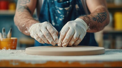 Close-up of hands shaping pottery on a wheel, showcasing the art of ceramics in a creative studio environment.