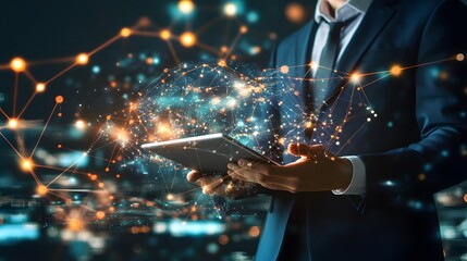 Businessman Holding Tablet with Network Connections