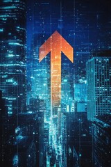 A sleek arrow pointing upwards on a vibrant city skyline, representing urban growth or ambition. 