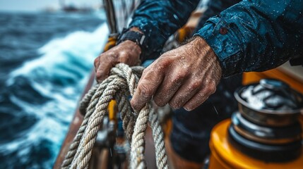 Close-up of sailor hands that moor, tie up rope. Traveler enjoying adventure in summer vacation. Lifestyle moment on ecological transport in sustainable travel