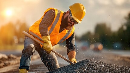 Construction worker in safety gear laying asphalt on a sunny day, showcasing hard work and dedication.