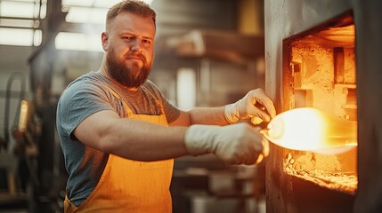 Craftsman shaping molten metal in a workshop, showcasing traditional blacksmith techniques and skilled artistry.