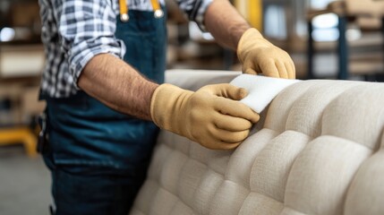 Fototapeta premium Craftsman working diligently on upholstery, ensuring quality and detail in furniture creation in a bright workshop environment.