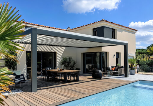 modern aesthetic aluminum patio cover with slats that open and close, over the outdoor dining area of a house in France near a pool.