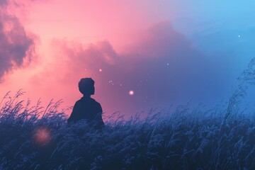 Obraz premium Silhouetted Figure Gazing at a Pink and Blue Sunset Over a Field of Grass