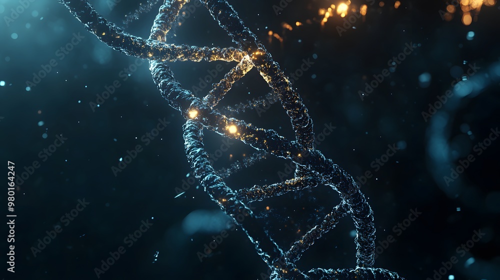 Poster glowing dna strand with particles and bokeh