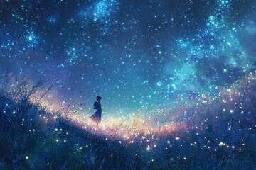 Fototapeta premium A Silhouetted Figure Gazing at a Starry Night Sky with Fireflies in the Grass