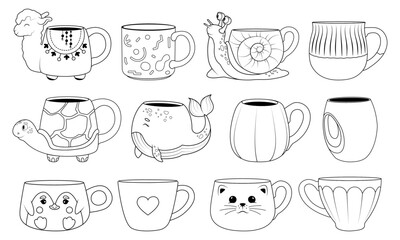 A set of mugs of different sizes and shapes. Cups in the shape of animals: snail, whale, turtle, cat, penguin, llama. Cup-pumpkin. Vector illustration in doodle style.