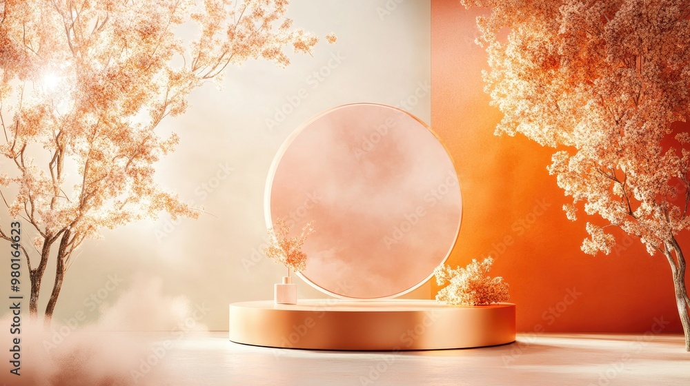 Poster elegant display of a circular design surrounded by soft colors and nature-inspired elements, perfect