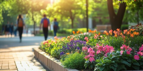 Students walking through a college campus on a sunny spring day, defocused background