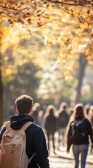 Obraz premium Students walking through a college campus on a sunny autumn day
