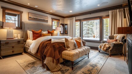 Obraz premium Sumptuous master bedroom with a king-size bed, plush bedding, and chic decor for a lavish and serene environment.