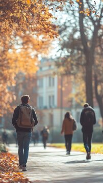 Students walking through a college campus on a sunny autumn day