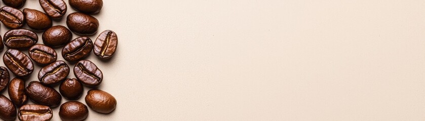 Obraz premium Freshly roasted coffee beans scattered over a neutral background, perfect for coffee lovers and culinary projects.