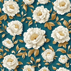 Elegant floral pattern featuring white peonies and golden leaves on a rich teal background, perfect for stylish design projects.