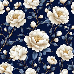 Elegant floral pattern featuring white peonies and green leaves on a dark navy background, perfect for various design projects.