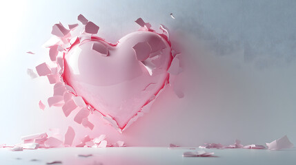 A pink heart shattering into fragments, symbolizing heartbreak or emotional pain.