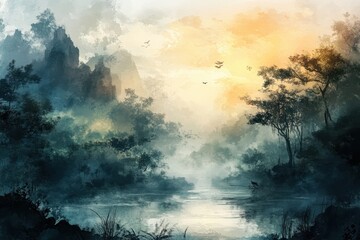 Fototapeta premium A misty forest scene with a river flowing towards a glowing sky.