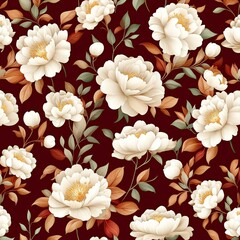Elegant floral pattern featuring white peonies on a rich maroon background, perfect for textiles, wallpapers, and digital designs.