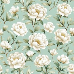 Elegant floral pattern featuring white peonies on a soft mint background, perfect for home decor and textile designs.