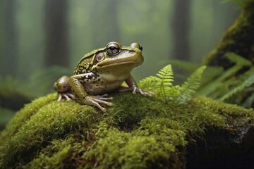 Fototapeta premium Frog Perched on a Mossy Rock in a Misty Forest: A vibrant tree frog perches on a moss-covered rock deep in the heart of a misty forest.