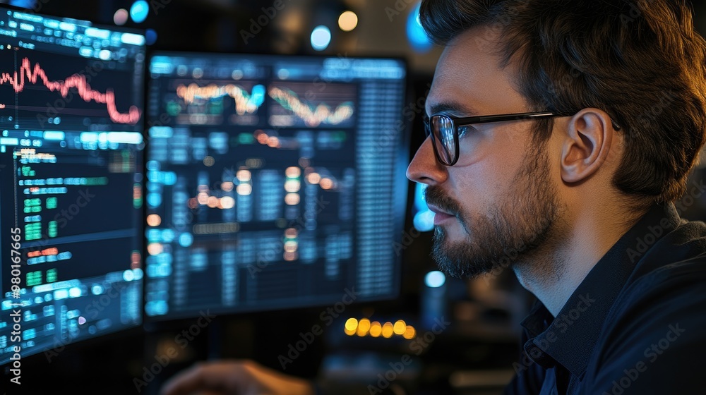 Poster focused individual analyzes data trends on multiple screens, showcasing modern technology and analyt