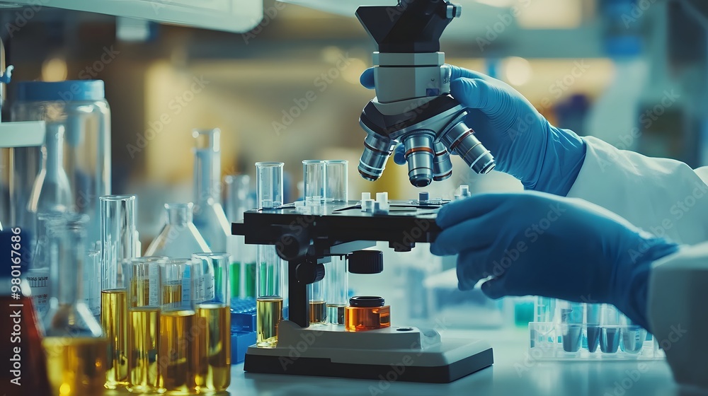 Aufkleber close-up of a gloved hand adjusting a microscope in a laboratory setting.