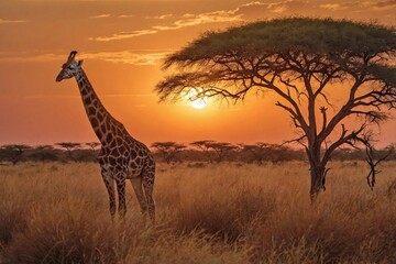Obraz premium Giraffe Grazing on Acacia Trees in the African Savannah at Sunset: A tall giraffe stretches its neck gracefully to nibble on the leaves of a lone acacia tree in the vast African savannah.