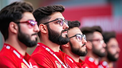 Obraz premium Focused male group in red shirts, showcasing team spirit and camaraderie at an event. Diversity and unity among fans.