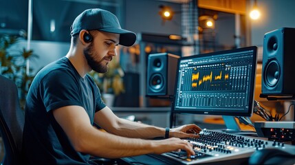 Focused man working in a modern studio, using software to edit music, surrounded by professional audio equipment.