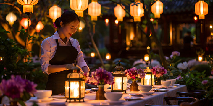  Waitress setting up a beautiful outdoor dining table, Lantern-lit dinner preparations  