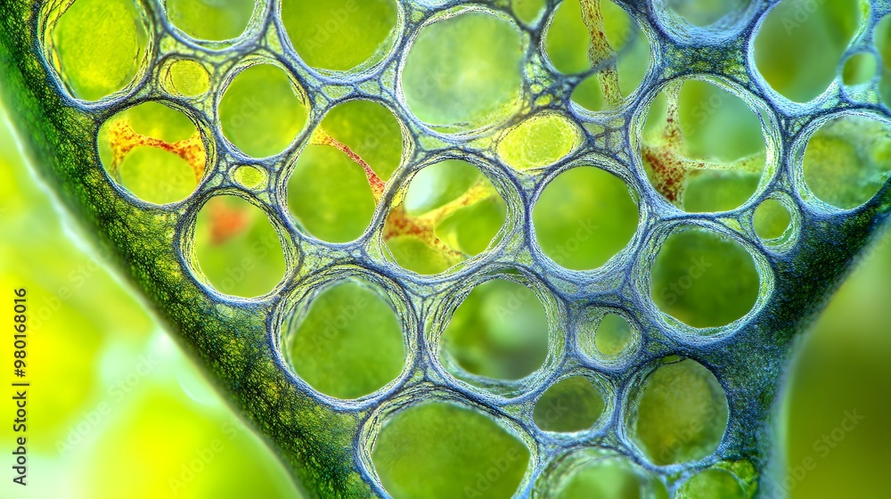 Poster close-up of a green and blue cellular structure with circular openings
