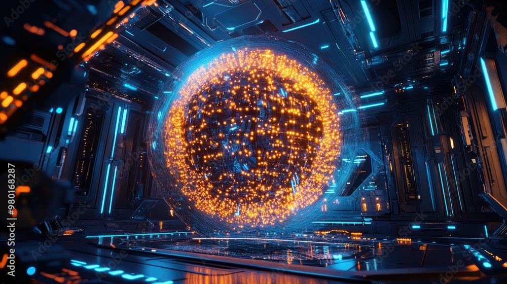Poster futuristic glowing sphere in a high-tech environment with vibrant lights and intricate designs, perf