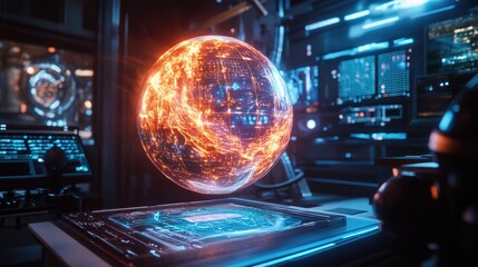 Naklejka premium Futuristic globe display with vibrant energy, set in a high-tech environment showcasing advanced technology and digital interfaces.